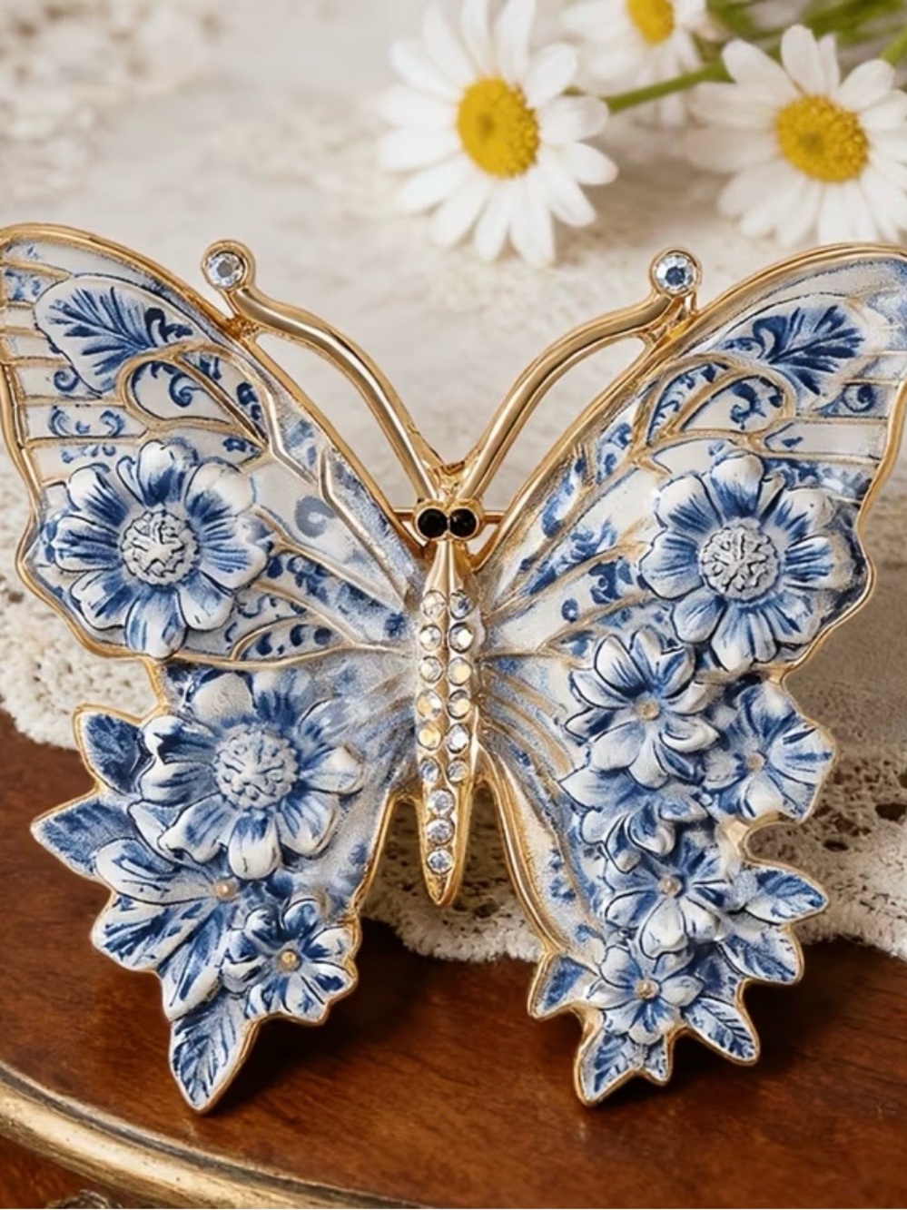 Blue & White Floral Butterfly Brooch with Gold Accents